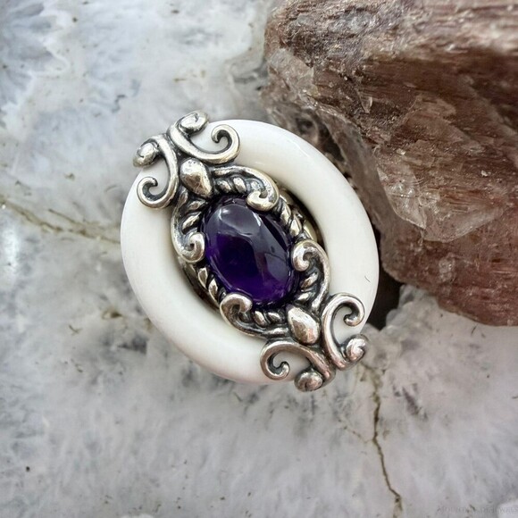 Carolyn Pollack Sterling White Agate & Oval Amethyst Ring Size 7.25 For Women